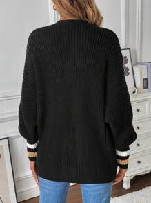 Chiquease 蝙蝠袖宽松袖口拼色黑色毛衣开衫