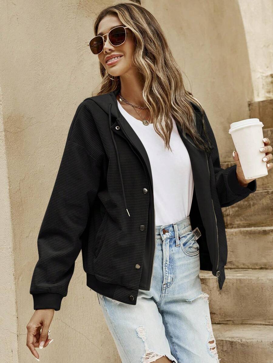 SHEIN LUNE Women's Solid Color Dropped Shoulder Long Sleeve Hooded Zip-Up Casual Jacket, Spring & Fall