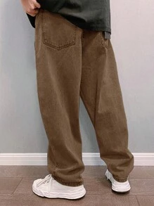 Claim Dot 男式宽松斜口袋直筒牛仔裤 - 駝色 - 查看 3