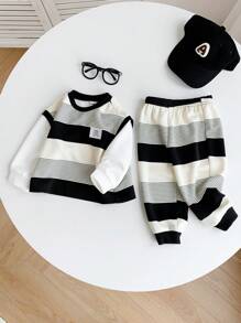 SHEIN Leap Crew 2 件套婴儿男童/女童休闲运动 2 合 1 条纹长袖运动衫和裤子套装，适合秋冬户外活动 - 彩色 - 查看 10