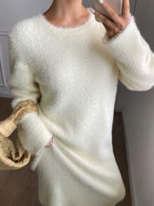 DAZY Casual Solid Color A-Line Sweater Dress For Women,Fall Clothes - White - View 8