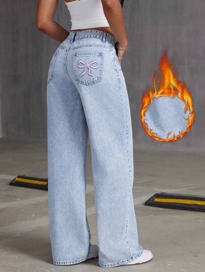 Women Embroidered Bow-Knot Washed Straight Relaxed Fit Denim Pants Thickened Denim