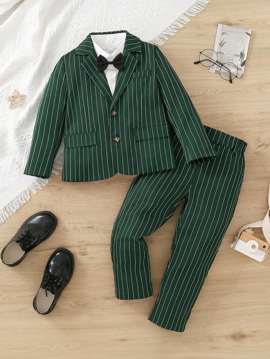 SHEIN 2 bộ đồ cho bé trai - Áo khoác Blazer dài tay kẻ sọc, Quần kẻ sọc, Áo sơ mi và nơ, Trang phục lịch sự cho quý ông dự tiệc sinh nhật, đám cưới, Halloween, Giáng sinh, Lễ tạ ơn và những dịp đặc biệt - Màu xanh lá cây đậm - Xem 1