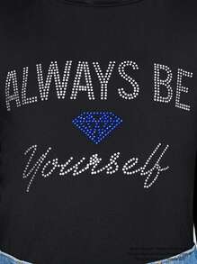 Marilyn Monroe X SHEIN Tween Girl Rhinestone English Letter Black Tight Tee