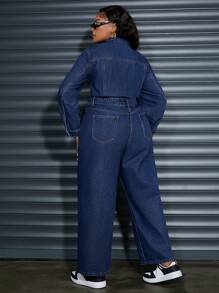 SHEIN SXY Plus Size Women's Fall Long Sleeve Pocketed Loose Wide Leg Casual Denim Jumpsuit