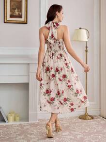 Vintamour Váy midi cổ điển thanh lịch gợi cảm, thu/đông, họa tiết hoa hồng & cổ buộc, trang phục lễ tạ ơn màu mơ/đỏ cho nữ, váy giáng sinh cho nữ, váy thanh lịch cho nữ, váy hoa cho nữ, trang phục hòa nhạc cho nữ, váy hóa trang tiên - Màu be - Xem 2