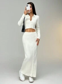 SHEIN EZwear 女式纯色长袖短款开衫和高开衩裙两件套，秋冬 - 杏色 - 查看 4