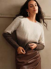 Anewsta Women's Casual Raglan Sleeve Contrast Color Crewneck Knitted Sweater, Autumn/Winter, Fall - Coffee Brown - View 4