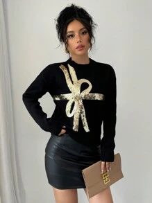 Elenzga Women's Casual Bowknot Sequined Drop Shoulder Long Sleeve Pullover Sweater, Autumn & Winter,Long Sleeve Tops