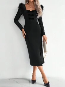 Chiquease Elegant Velvet Bow Tie Long Dress, Party & Casual Wear, Autumn Winter - Black - View 3