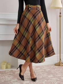 Vintamour Retro Elegant Daily A-Line Skirt, Checkered Orange-Brown Thanksgiving Women Outfit Fall Clothes Winter Women Skirt