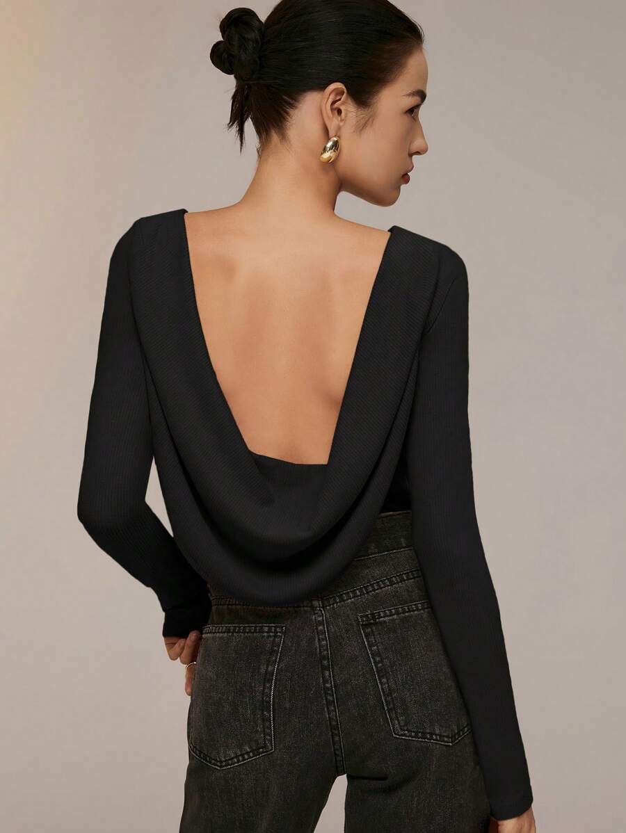 Poéselle Mono de unicolor con espalda descubierta, manga larga y cuello elegante para mujer, primavera otoño - Negro - Ver 1