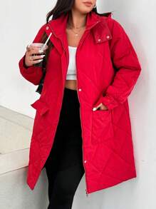 Flirla Plus Size Casual Patchwork Fluffy Hooded Drawstring Waist Padded Coat, Winter - Burgundy - View 1