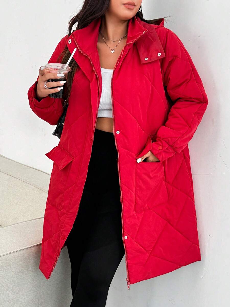 Flirla Plus Size Casual Patchwork Fluffy Hooded Drawstring Waist Padded Coat, Winter - Burgundy - View 1