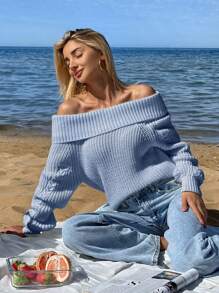 SHEIN Cottnline Women Long Sleeve Bardot Neck Sweater - Baby Blue - View 1