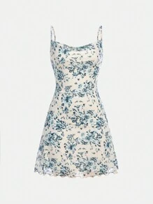 SHEIN 少女无袖花卉印花网眼边饰优雅连衣裙 - 墨綠色 - 查看 1