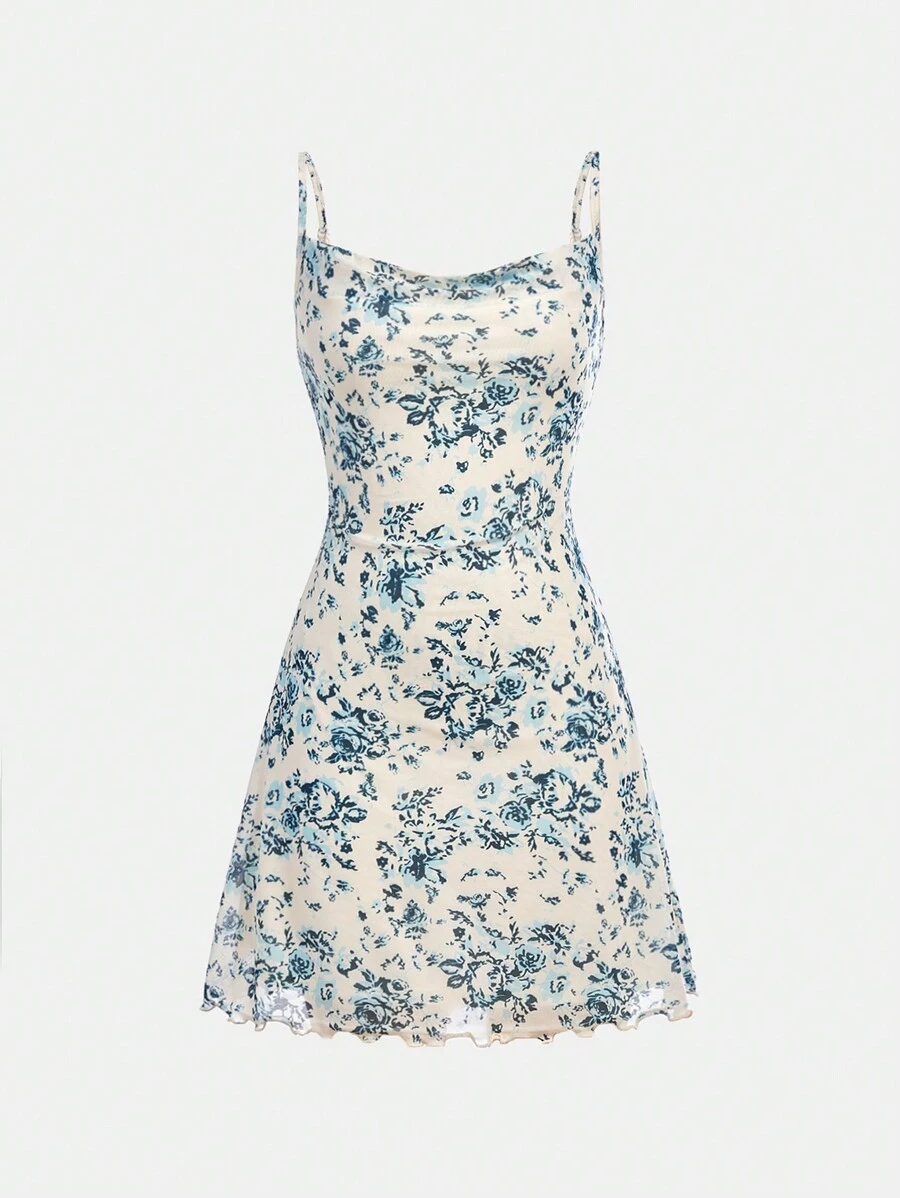 SHEIN 少女无袖花卉印花网眼边饰优雅连衣裙 - 墨綠色 - 查看 1