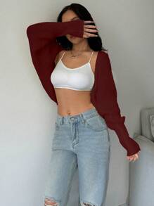 Flirla Short Casual Bat-Wing Knit Cardigan, Autumn For New Year Clothes,Long Sleeve Tops Fall Winter Cloth For Women - Red - View 6