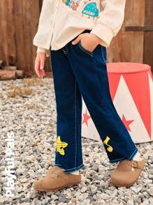 SHEIN 1 szt. Jeansy dla młodych dziewcząt, śliczne/vintage/codzienne/z powrotem do szkoły, z nadrukiem gwiazdy i notatki, proste nogawki, odpowiednie do szkoły i na wycieczki, wiosna/jesień/zima