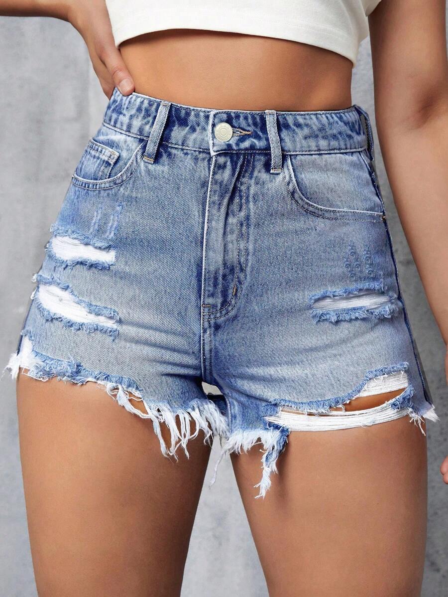 SHEIN Privé 女士休闲破洞磨边牛仔短裤 - 淺色水洗藍 - 查看 1