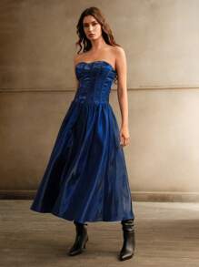 Anewsta Long Sleeve Outfit With Ruched Hemline In Metallic Fabric - Blue - View 7