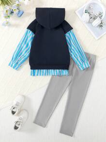 2 件套年轻女孩休闲可爱字母印花保暖内衬运动衫上衣和中长裤打底裤套装，秋冬 - 藍色 - 查看 2