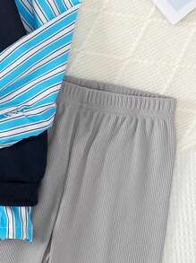 2 件套年轻女孩休闲可爱字母印花保暖内衬运动衫上衣和中长裤打底裤套装，秋冬 - 藍色 - 查看 4