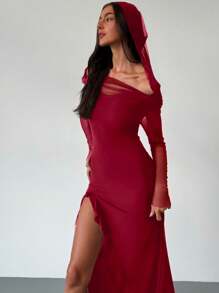 Aloruh 女式长款网眼连帽连衣裙，带开衩和荷叶边下摆，哥特式黑暗音乐节角色扮演服装，适合万圣节 - 紅色 - 查看 2