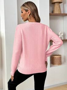 Chiquease Casual V-Neck Pullover Sweater For Women Knit Pullover Fall Winter - Pink - View 2