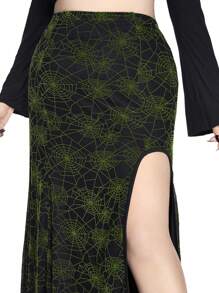 ROMWE Goth 加大码性感高开叉哥特式蜘蛛网植绒 A 字裙 - 黑色 - 查看 3