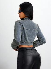 SHEIN EZwear Women's Spring Autumn Long Sleeve Zip Front Eyelet Snap Closure Cropped Casual Denim Jacket - Blue - View 2
