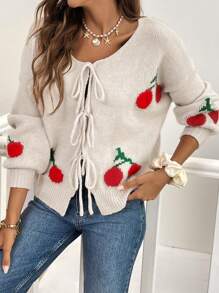 SHEIN Frenchy Áo khoác cardigan dài tay rộng rãi, dáng rộng, thắt nút phía trước, vai trễ, họa tiết quả anh đào, mùa thu/đông cho nữ, áo khoác cardigan dài tay thắt nút màu trơn cỡ lớn, đi làm, tối giản, trang phục công sở, phong cách cổ điển, đơn giản, áo len cardigan dệt kim màu trơn thắt nút phía trước cho nữ, có thể mặc bên ngoài áo phông, áo len cardigan cỡ lớn dễ thương, siêu ấm và mềm mại! - Nhiều màu - Xem 8