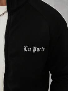 Manfinity Homme Men's Letter Print Zipper Front Sweatshirt And Sweatpants Casual Tracksuit Set, Fall Clothes