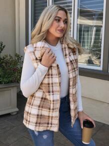 SHEIN LUNE Women's Plaid Print Zip-Up Fuzzy Vest Jacket, Autumn Fall Clothes