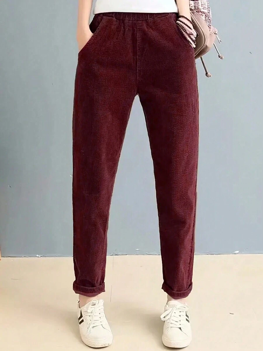 Pantalones casuales sólidos con bolsillos simples para mujeres - Burdeos - Ver 1