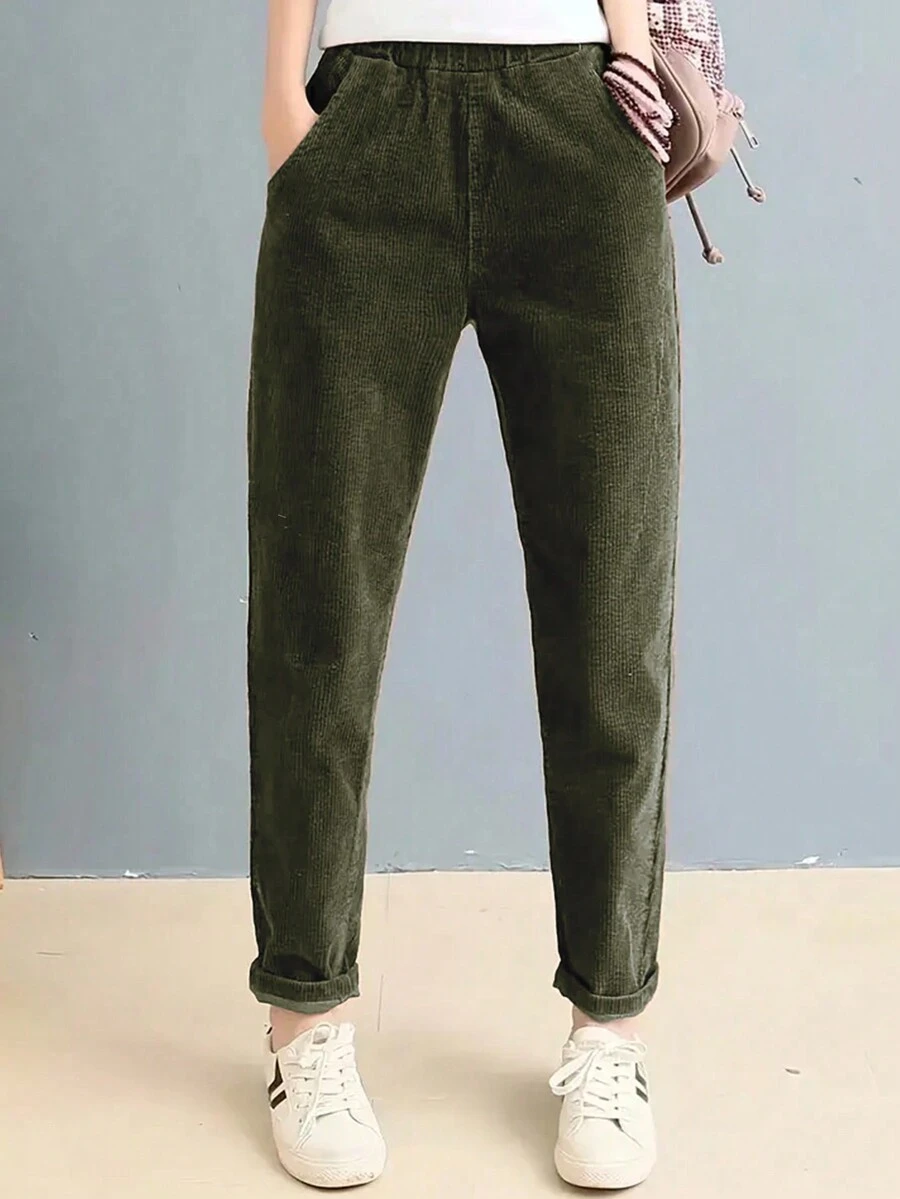 Women's Solid Color With Pockets Straight Leg Casual Pants - Army Green - View 1