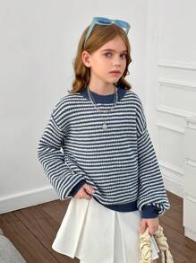 SHEIN Leap Crew 青少年女孩宽松舒适简约圆领条纹图案落肩套头毛衣 - 藍色 - 查看 8