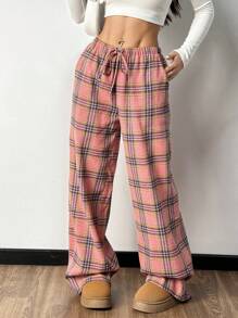 SHEIN EZwear 休闲抽绳腰格子阔腿裤，秋季 - 彩色 - 查看 5