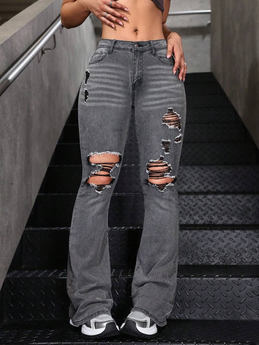 SHEIN EZwear Quần Jeans Ống Loe Phong Cách Đường Phố Thường Ngày Cho Nữ - Xám - Xem 1