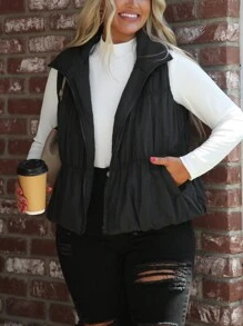 SHEIN LUNE Áo khoác nữ cỡ lớn mùa đông, màu trơn, có túi, khóa kéo, mặt trước lót lông mềm mại, kiểu dáng thường ngày, giữ ấm mùa đông, áo khoác dày dặn & áo parka, có thể gấp gọn, nhẹ, khóa kéo toàn thân, trang phục thiết yếu, đi làm, tối giản, đơn giản, trang phục công sở, phong cách cổ điển, trang phục thường ngày, trang phục thường ngày sành điệu, siêu ấm áp và mềm mại! Thích hợp cho kỳ nghỉ lễ. - màu đen - Xem 5