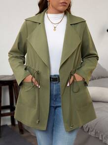 SHEIN LUNE Plus Size Trench 1pc Collared, Waist-Tie, Drawstring Long Trench Coat - Army Green - View 6