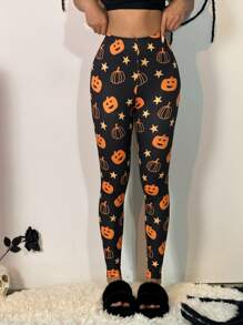 SHEIN EZwear Women's Halloween Pumpkin Print Leggings, 2 Pieces Set - Multicolor - View 9