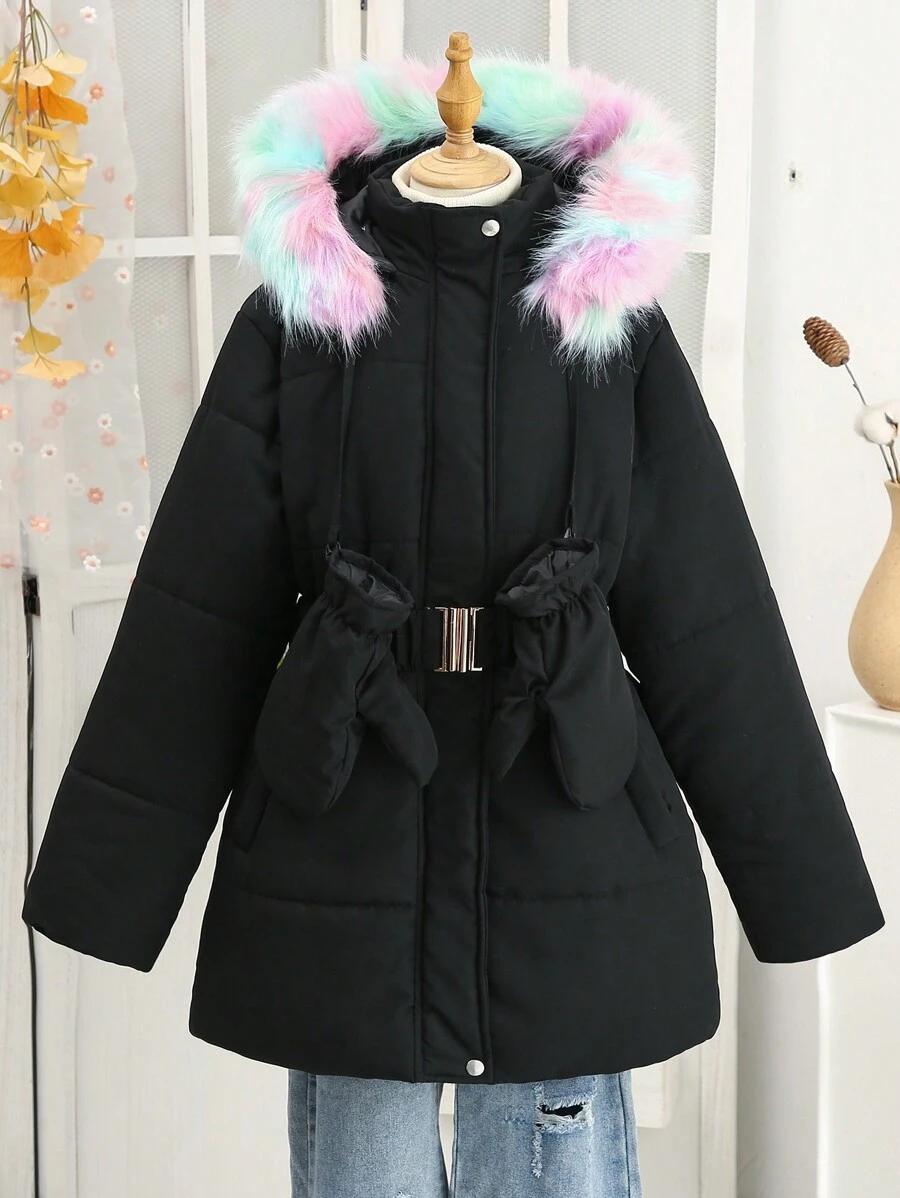 Teen Girl Colorblock Fluffy Lined Hooded Casual Padded Coat, Winter - Black - View 1