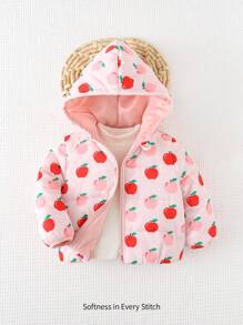 Cozy Pixies 草莓图案长袖连帽厚棉服外套，适合上学、休闲外出、百搭搭配、休闲度假 - 粉色 - 查看 1
