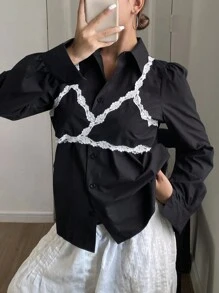 DAZY Camisa de manga larga con bloques de color para mujer