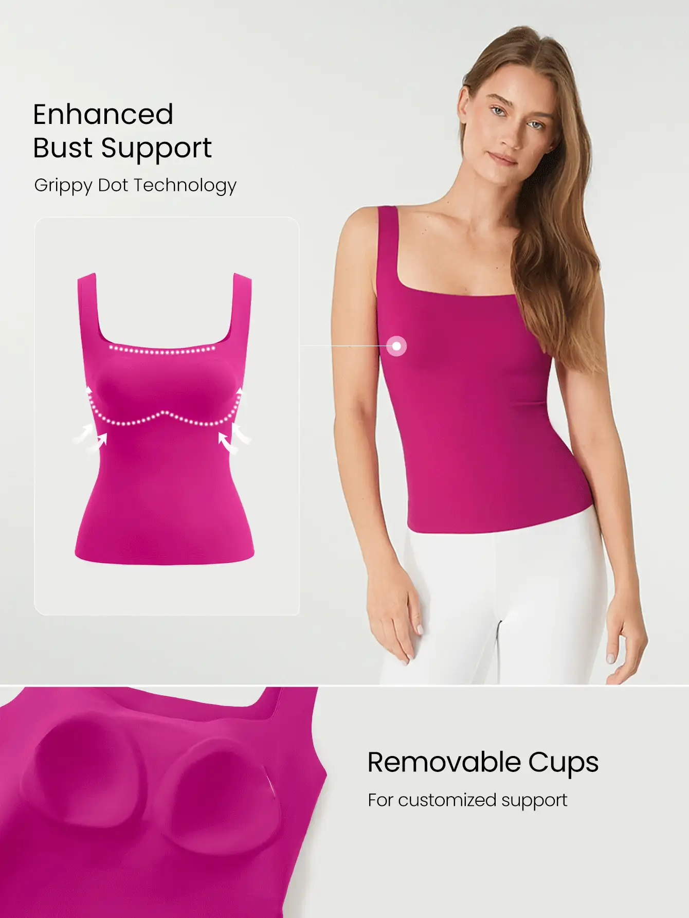 GLOWMODE 宽肩带腋下凸起控制时尚方领加垫运动背心轻度支撑低冲击瑜伽工作室 - 中紫紅色 - 查看 4