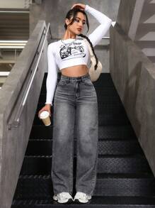 SHEIN ICON 女式宽松阔腿休闲牛仔裤，带口袋