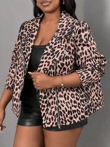 Slaydiva Plus Size Retro Streetwear Leopard Print Zip-Up Long Sleeve Jacket, Fall/Winter - Brown - View 1