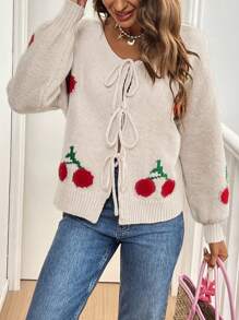 SHEIN Frenchy Áo khoác cardigan dài tay rộng rãi, dáng rộng, thắt nút phía trước, vai trễ, họa tiết quả anh đào, mùa thu/đông cho nữ, áo khoác cardigan dài tay thắt nút màu trơn cỡ lớn, đi làm, tối giản, trang phục công sở, phong cách cổ điển, đơn giản, áo len cardigan dệt kim màu trơn thắt nút phía trước cho nữ, có thể mặc bên ngoài áo phông, áo len cardigan cỡ lớn dễ thương, siêu ấm và mềm mại! - Nhiều màu - Xem 6