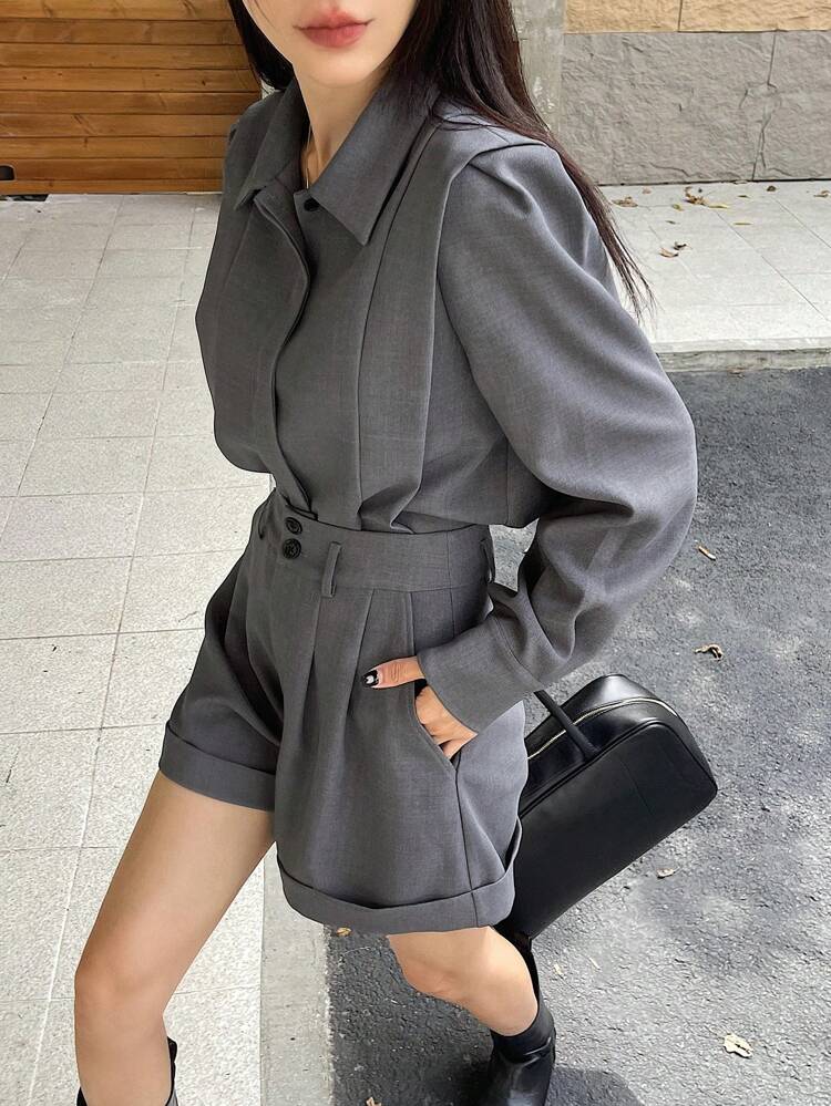 2pcs Women Casual Loose Solid Color Long Sleeve Shirt & Shorts Set, Spring/Autumn,Fall Women Clothes Lounge Sets For Women